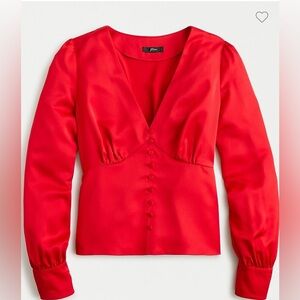 J. Crew Deep V-neck Red button-front top in satin-backed crepe Size 16 NWT